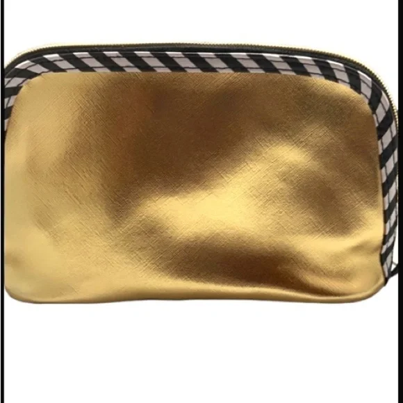 BCBGeneration New Double Pouch Cosmetic Bag Gold Metallic Black with White Dots - Picture 2 of 4